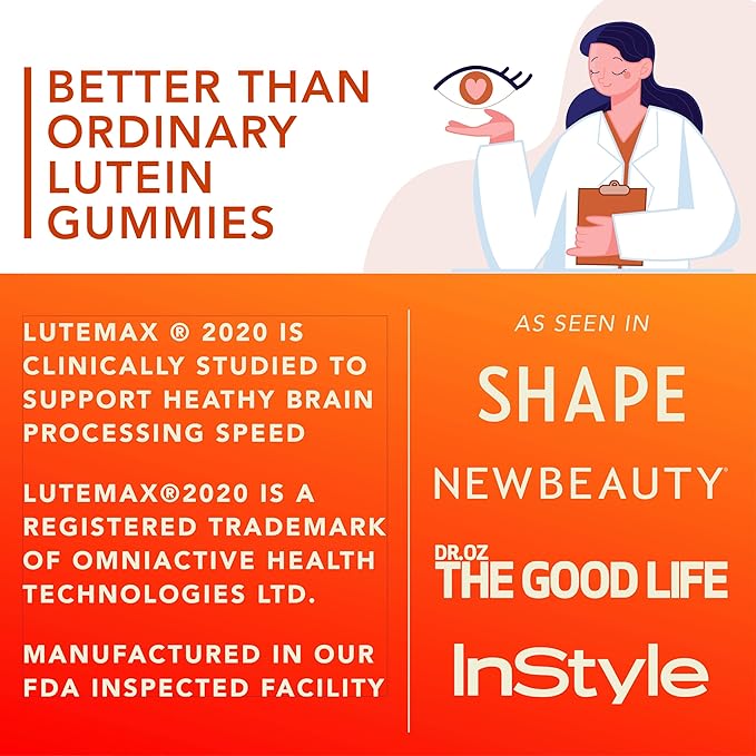 Lutein & Zeaxanthin Gummies - Delicious Vegan Eye Health Vitamins Clinically Studied 20mg Lutein and Zeaxanthin for Vision Clarity Dry Eye Relief and Blue Light Support