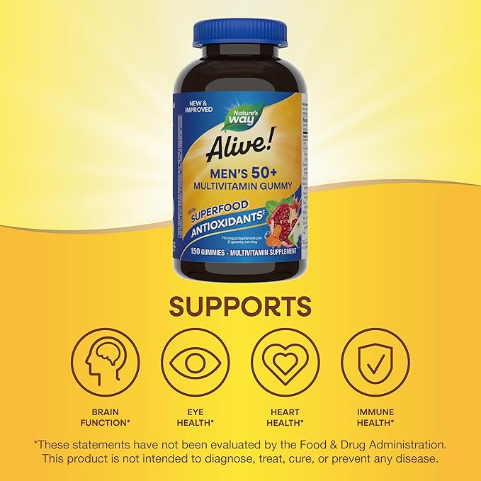 Nature's Way Alive! Men’s 50+ Daily Gummy Multivitamins, Supports Healthy Brain, Eyes, Heart*, B-Vitamins, Gluten-Free, Fruit Flavored, 150 Gummies (Packaging May Vary), (Pack of 2)