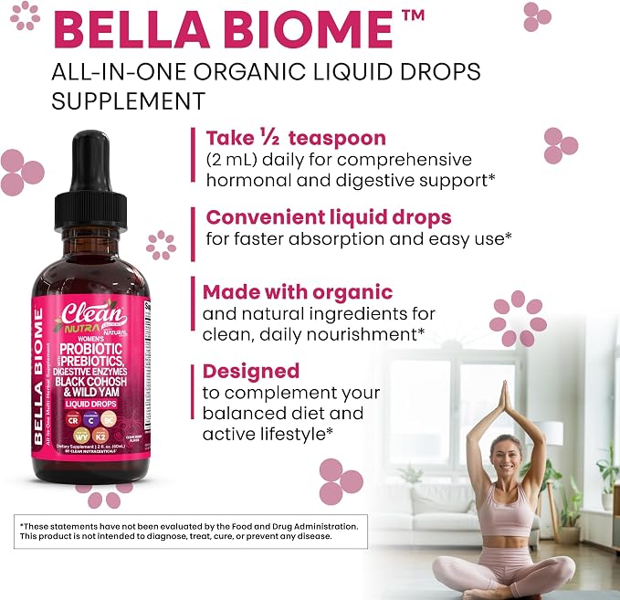 Liquid Probiotics for Women Drops with Chasteberry, Black Cohosh, Prebiotics, Digestive Enzymes, Evening Primrose Oil, Wild Yam, Cranberry Dmannose and Iron Vitamin D3 K2 Clean Nutra Bella Biotics (2)