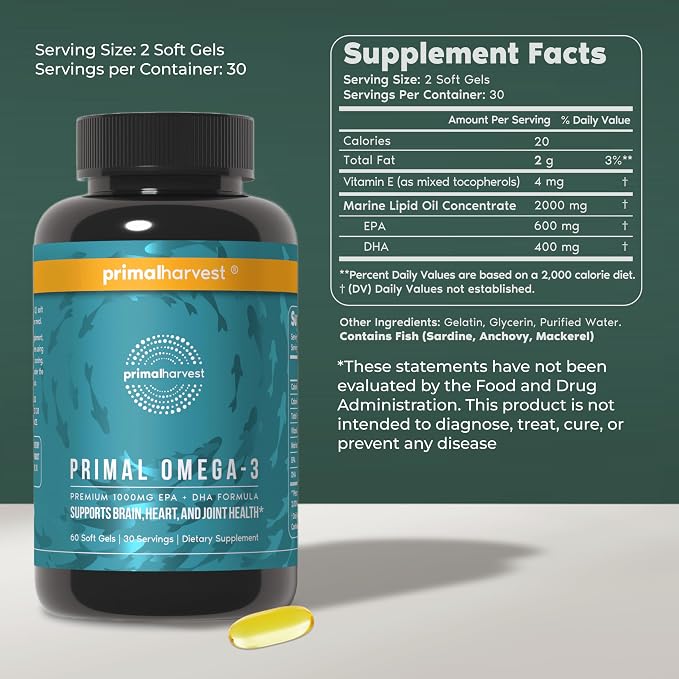 Primal Harvest Omega 3 Fish Oil Supplements, 30 Servings Soft Gels Capsules w/ 1000mg EPA + DHA Supplements, No Fishy Burps Non-GMO Omega 3 Fatty Acid