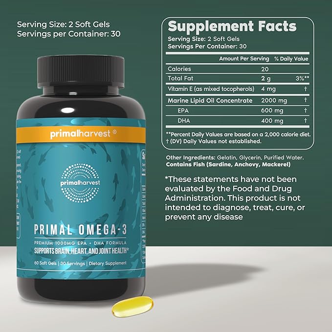 Primal Harvest Omega 3 Fish Oil Supplements, 30 Servings Soft Gels Capsules w/ 1000mg EPA + DHA Supplements, No Fishy Burps Non-GMO Omega 3 Fatty Acid, 2 Pack