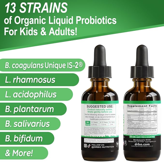 Organic Liquid Probiotic Drops Supplement - Organic Probiotics for Kids, Women & Men, Digestive Gut Health - Vegan Acidophilus Probiotics, Kid Flora Toddler Liquid Probiotic for Kids, Womens, Men 2 Oz