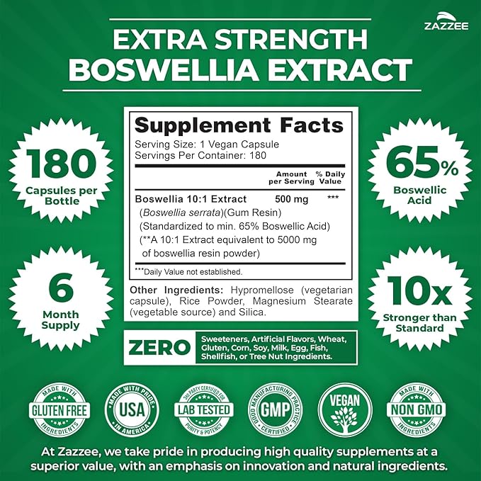 Zazzee Extra Strength Boswellia 10:1 Extract, 65% Boswellic Acid, 180 Vegan Capsules, 6 Month Supply, Boswellia Serrata, Joint Comfort, Mobility & Flexibility Support, Non-GMO, Made in the USA