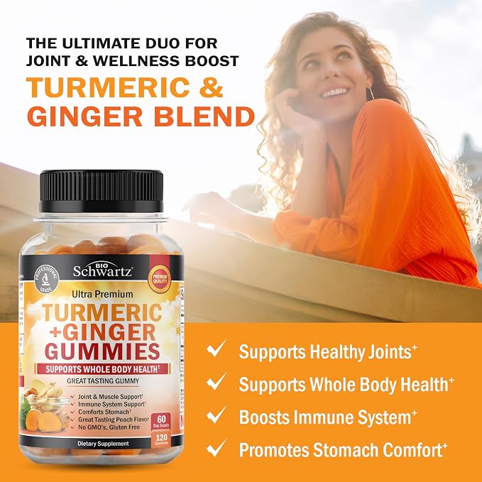 Turmeric Curcumin with Ginger Gummies - Natural Extra Strength Joint Support Supplement, Delicious Peach Flavor Ultra High Absorption Turmeric Supplement Non-GMO, Gluten Free 120 Count
