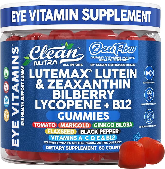 Clean Nutra Lutein and Zeaxanthin Eye Vitamins Gummies + Bilberry for Eyes Vision Support Ginkgo Biloba Marigold, Vitamin B12 Flaxseed Black Pepper CoQ10 Vitamin A l 60 Count B OcuFlow