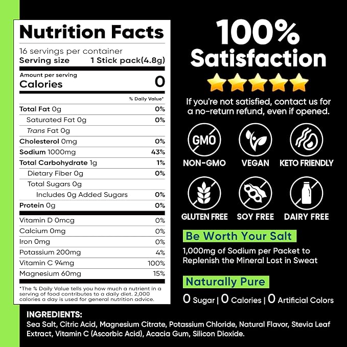 Venture Pal High Sodium Sugar-Free Electrolyte Powder Packets - Hydration Packets with Sodium, Potassium & Magnesium | Zero Calories | Keto, Vegan, and Paleo Friendly | 30 Sticks