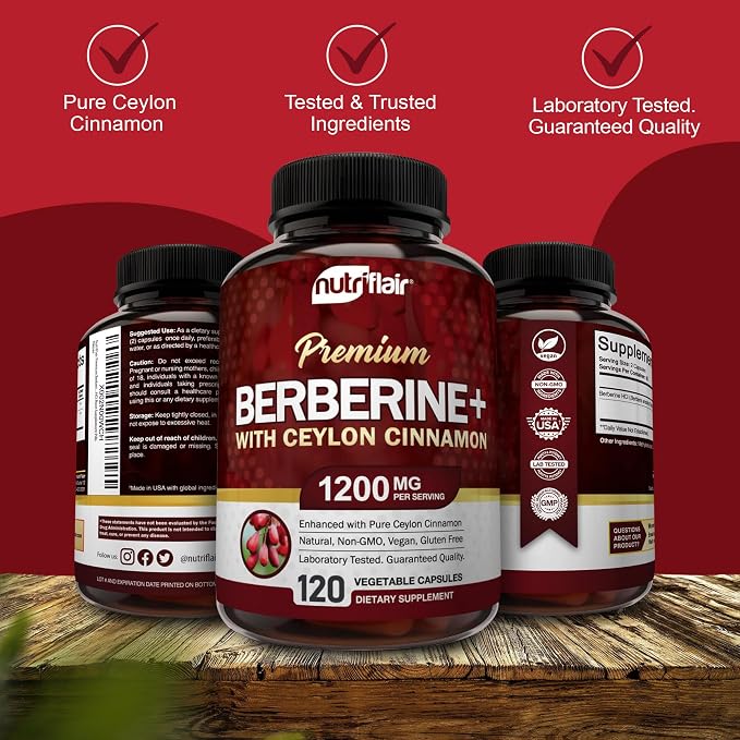 NutriFlair Premium Berberine HCL 1200mg, 120 Capsules - Plus Pure True Ceylon Cinnamon, Berberine HCI Root Supplements Pills - Immune System - Made in USA