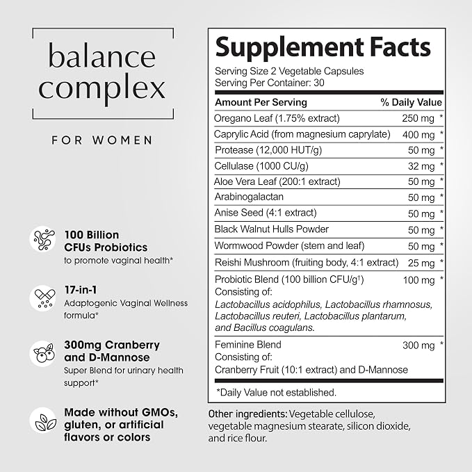 Balance Complex 17-in-1 Vaginal Health 100 Billion Probiotics for Women pH Balance with Cranberry & D-Mannose | Promote Urinary Tract Health for Vaginal Odor & Vaginal Flora, 60 Capsules