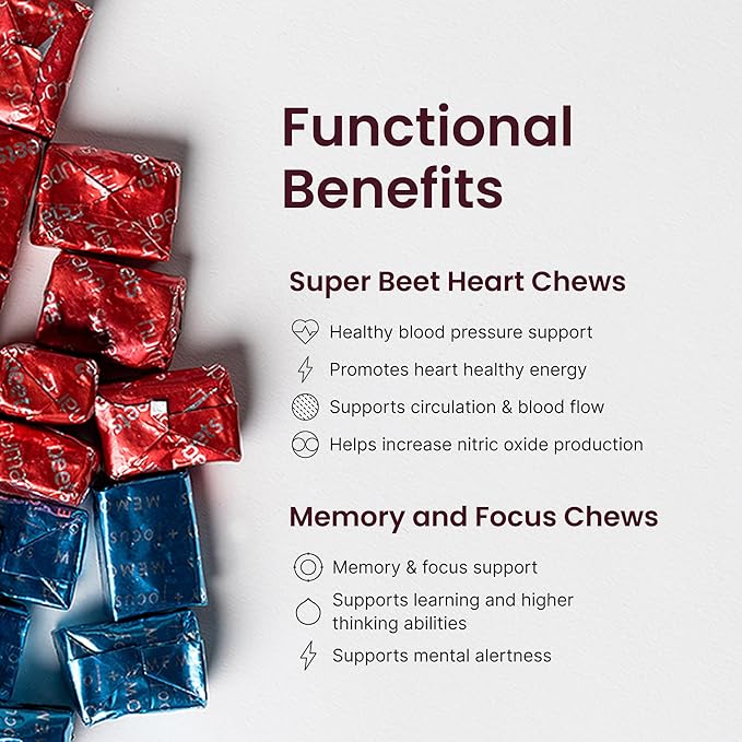 Humann SuperBeets Heart Chews & Memory + Focus Chews, with Beet Root Powder and clinically Studied nootropics, Nitric Oxide Support, Mental Alertness, 90 Count