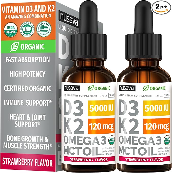 (2 Pack) Organic Vitamin D3 K2 Drops 5000 IU with MCT Oil Omega 3 - Maximum Strength Liquid D3 with No Fillers, Non-GMO for Faster Absorption, Immune Support (Strawberry, 2 Fl Oz)