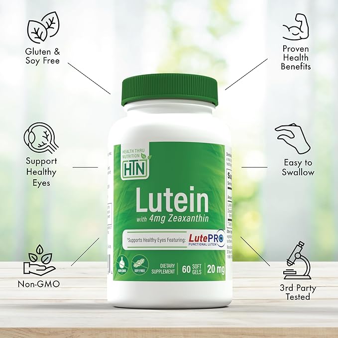 Lutein 20mg with Zeaxanthin 4mg 60 Softgels | Trans-Isomer Marigold Extract in Nature Identical 5:1 Ratio | Supports Healthy Eye, Skin and Brain | Non-GMO Soy & Gluten Free | by Health Thru Nutrition