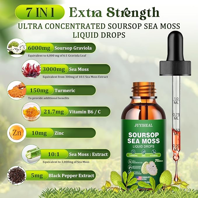 7-in-1 Soursop Graviola with Sea Moss Liquid Drops, Soursop Bitters Liquid Rich in Multivitamin for Digestive Antioxidant, Immune Boost, Cell Support & Regeneration, 2 Fl Oz
