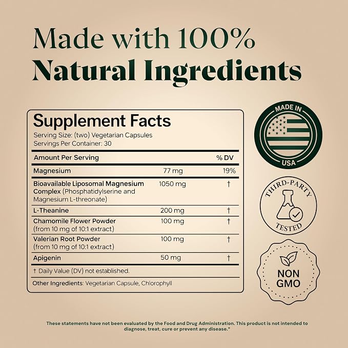 Magnesium L-Threonate with Apigenin, Valerian Root & L-Theanine – No Melatonin Restful Sleep & Brain Supplement – Clinically Studied 7-Ingredient Formula – Memory & Focus – 60 Capsules