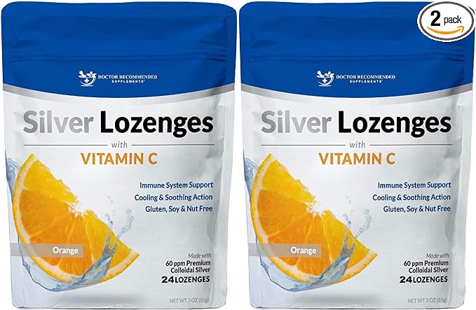 Silver Lozenges with Vitamin C - Premium Nano Silver 60 PPM Colloidal Silver, Organic Honey and Vitamin C Mineral Supplement Drops to Support Immune System, Soothe Cough & Throat - Pack of 2