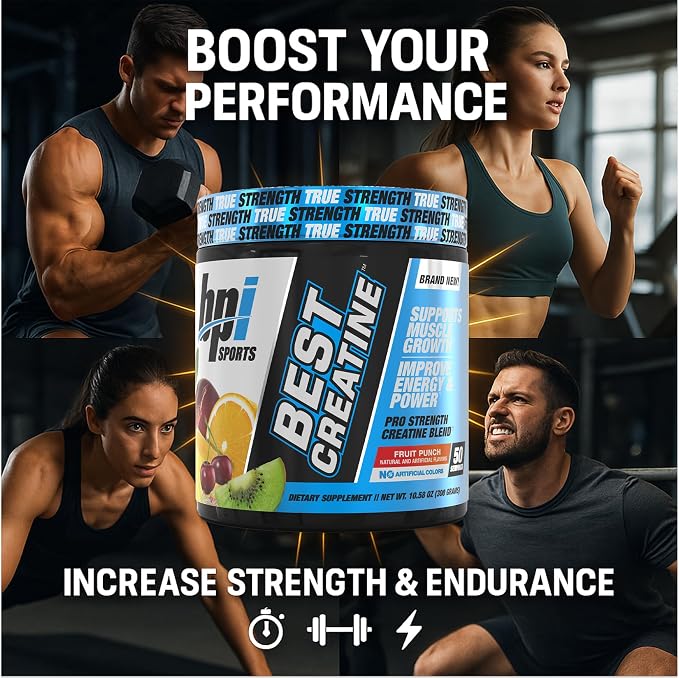 BPI Sports Best Creatine - Creatine Monohydrate Powder for Men & Women, Himalayan Salt - Strength, Pump, Endurance, Muscle Growth, Muscle Definition - No Bloat – Fruit Punch – 50 servings – 10.58 oz
