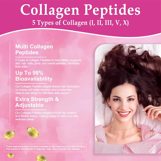 Multi Collagen Peptides Softgels - Hydrolyzed Collagen Peptides For Women & Men with Vitamin C Hyaluronic Acid - High Absorption Collagen Complex for Skin Hair Nail & Joint - Type I, II, III, V, X