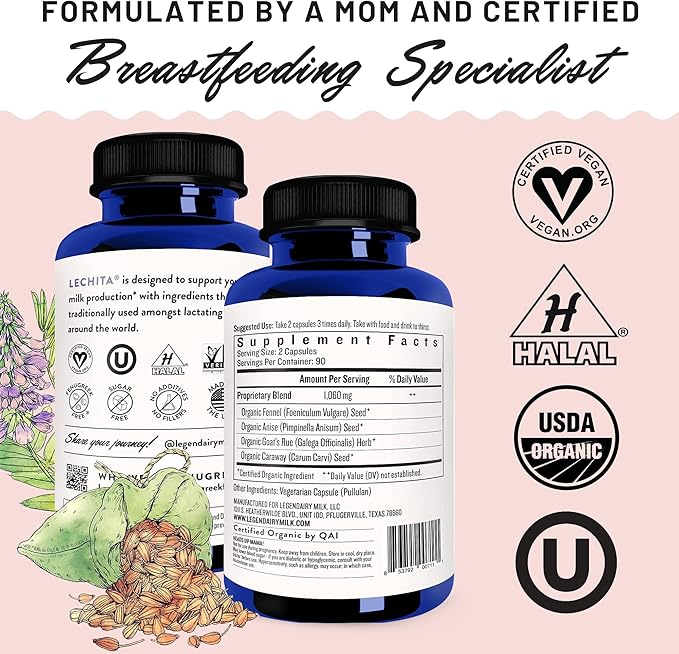 Legendairy Milk Lechita, Supports Milk Flow, Organic Fenugreek Free Breastfeeding Supplement, Organic Fennel & Anise, Made in USA, 180 Vegan Capsules