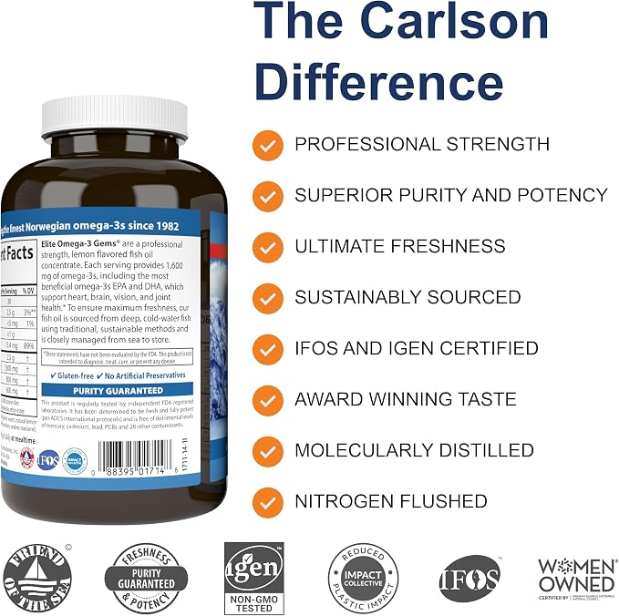 Carlson - Elite Omega-3 Gems, 1600 mg Omega-3 Fatty Acids Including EPA and DHA, Norwegian Fish Oil Supplement, Wild Caught, Sustainably Sourced Fish Oil Capsules, Lemon, 90+30 Softgels