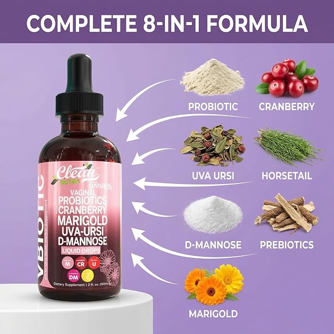 Clean Nutraceuticals VBiotic Vaginal Probiotic for Women Liquid Drops | Cranberry Uva Ursi Horsetail D-Mannose Prebiotics Marigold & Black Cohosh Vaginal Health Supplement | pH Balance