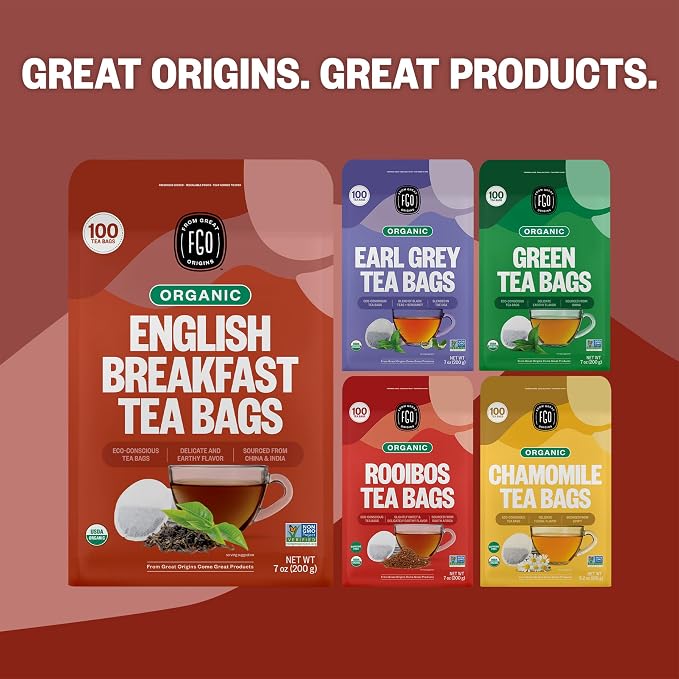 FGO Organic English Breakfast Black Tea, 100 Count, Eco-Conscious Tea Bags, Resealable Bag, Packaging May Vary (Pack of 1)