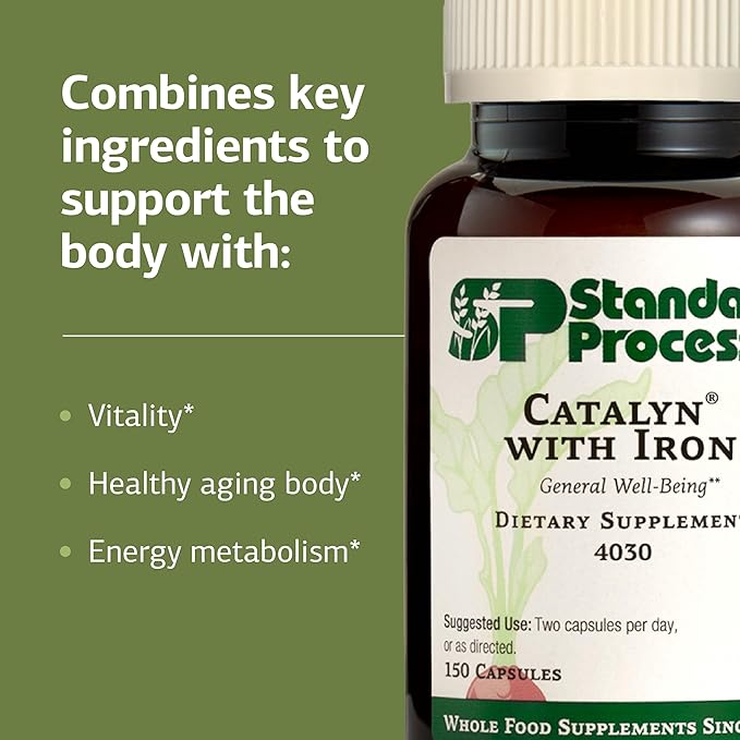 Standard Process Catalyn with Iron - Supplement for Energy & Metabolism Support - Includes Vitamins A, C & D - Non-Dairy & Non-Soy - 150 Capsules (75 Servings)