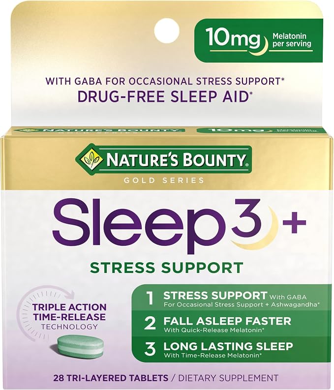 Nature's Bounty Sleep + Stress Support, Sleep3 Maximum Strength 100% Drug Free Sleep Aid, Dietary Supplement with Ashwagandha, Time Release Technology, 10mg, 28 Tri-Layered Tablets (Pack of 2)