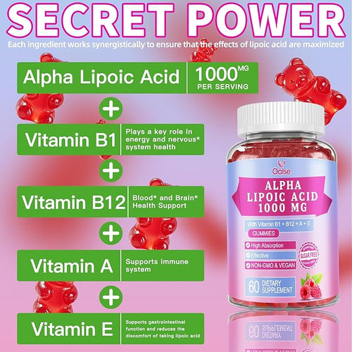 (2 Packs) Alpha Lipoic Acid Gummies 1000Mg with Vitamin B1, B12, A, E - High Absorption Sugar Free Chewable ALA Supplement for Energy Support,Raspberry Flavor, 60 Gummies