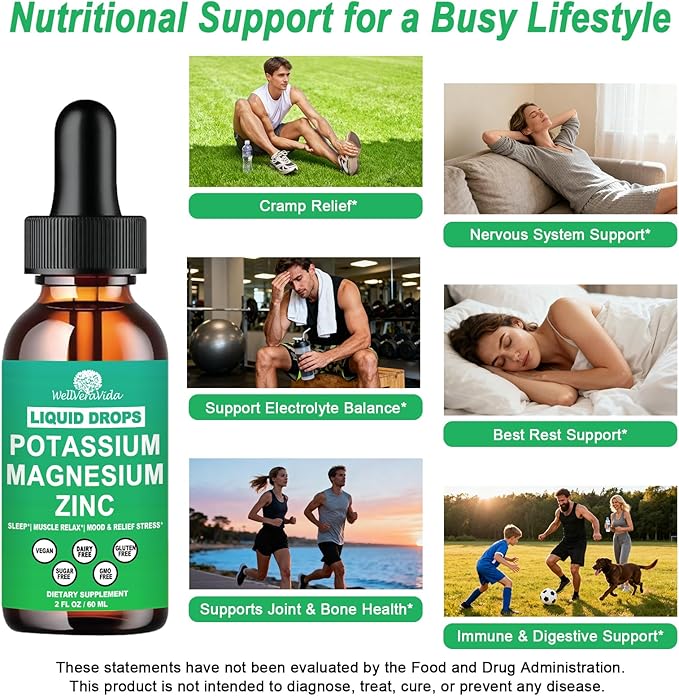 Potassium Magnesium Supplement Liquid, Electrolyte Potassium & Calm Magnesium Complex Drops Plus Zinc, Vitamin D3 & B6 for Cramp Relief, Bone, Energy & Immune Health, Faster Absorption Than Gummies
