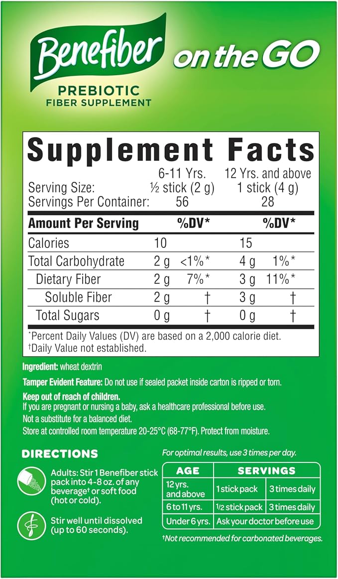 Benefiber On The Go Prebiotic Fiber Supplement Powder for Digestive Health, Daily Fiber, Unflavored - 28 Sticks (3.92 Ounces)