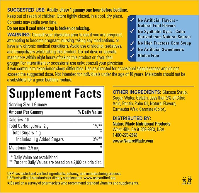Nature Made Melatonin Gummies 2.5 mg, 100% Drug Free Sleep Aid for Adults, Melatonin Supplement 80 Count, 80 Day Supply
