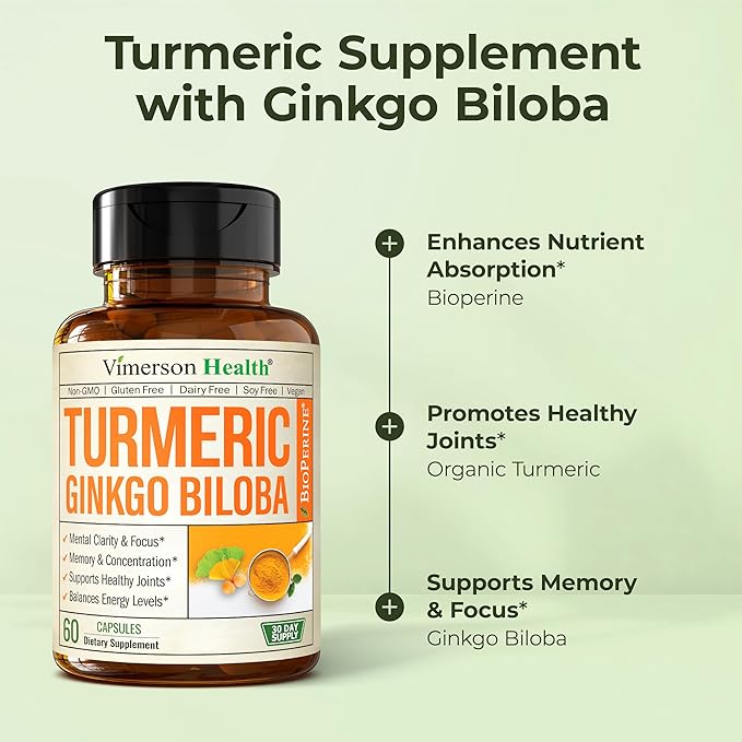 Ginkgo Biloba and Turmeric Curcumin Supplement w/Black Pepper & Organic Tumeric – Natural Turmeric Supplement for Focus, Memory, Joint & Brain Health – Vegan Ginko Biloba Capsules w/Curcuma – 2 Pack