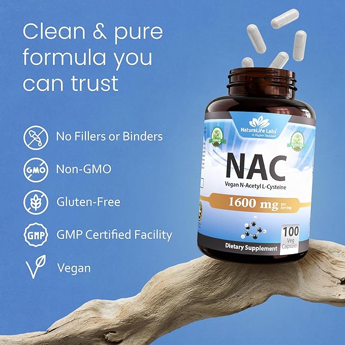 NaturaLife Labs N-Acetyl-L-Cysteine (NAC) 1600 mg – 100 Capsules, Non-GMO & Gluten-Free