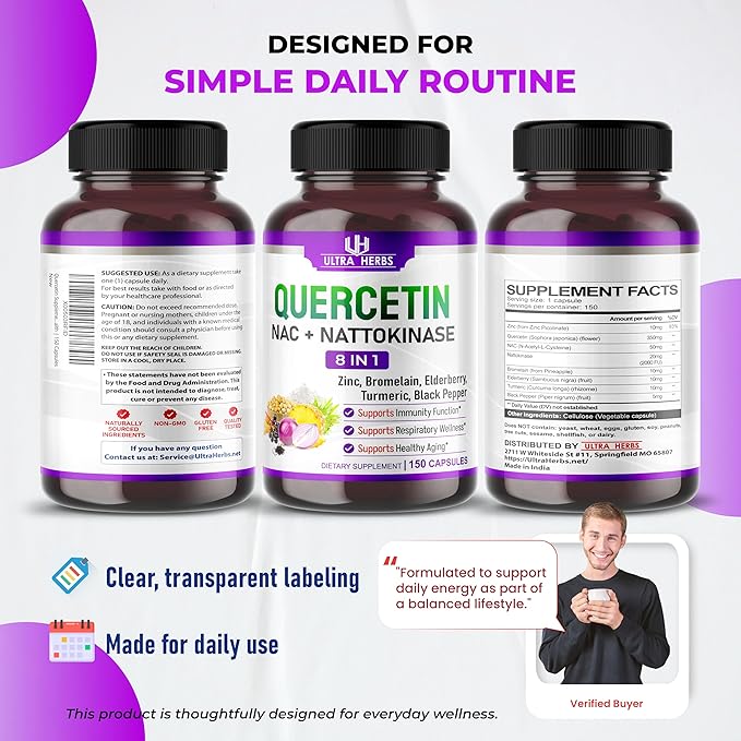Quercetin Supplement with Bromelain, Vitamin C and Zinc, Nattokinase, NAC, Elderberry, Elderberry | 8 in 1 Ultra Antioxidant Complex for Immune Health | 150 Capsules