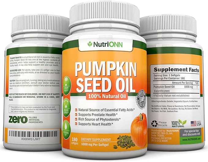 Pumpkin Seed Oil - 1000MG - 180 Softgels - Cold-Pressed Natural Pumpkin Seed Oil - Natural Source of Essential Fatty Acids - Great for Hair Growth, Prostate Health and GI Tract