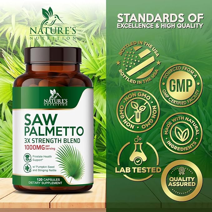 Saw Palmetto for Men - 3X Strength Prostate Health Supplements for Men's Health Support - with Stinging Nettle and Pumpkin Seed Extract - Prostate Urinary & Hair Health Support - 120 Capsules