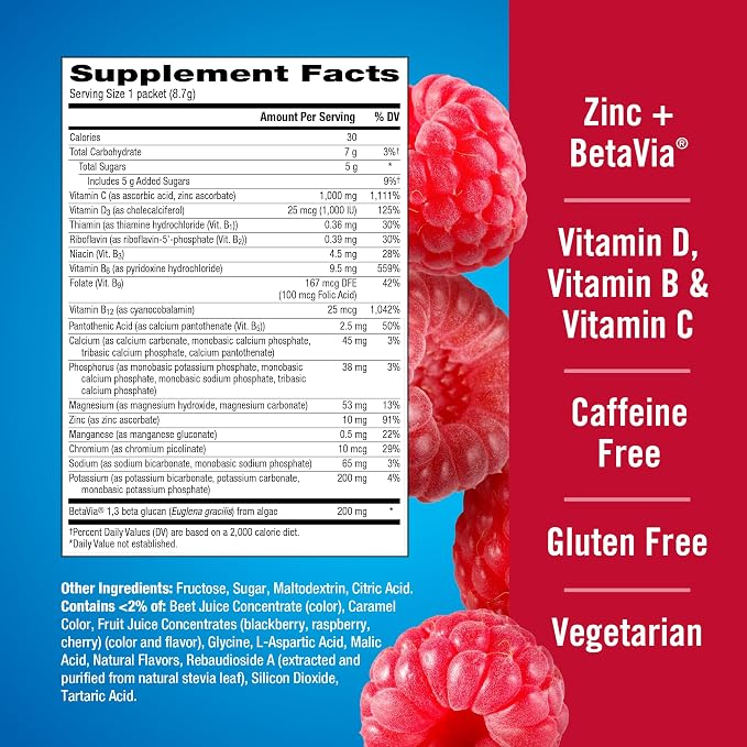 Emergen-C Immune+ Triple Action Immune Support Powder, BetaVia (R), 1000mg Vitamin C, B Vitamins, Vitamin D and Antioxidants, Raspberry – 30 Count