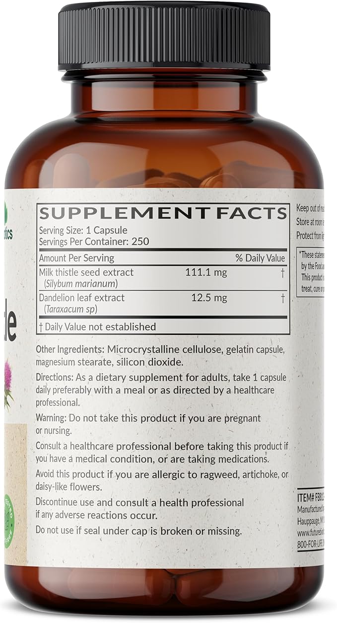 Futurebiotics Milk Thistle Silymarin Marianum & Dandelion Extract Liver Health Support, Antioxidant Support, Detox, 250 Capsules