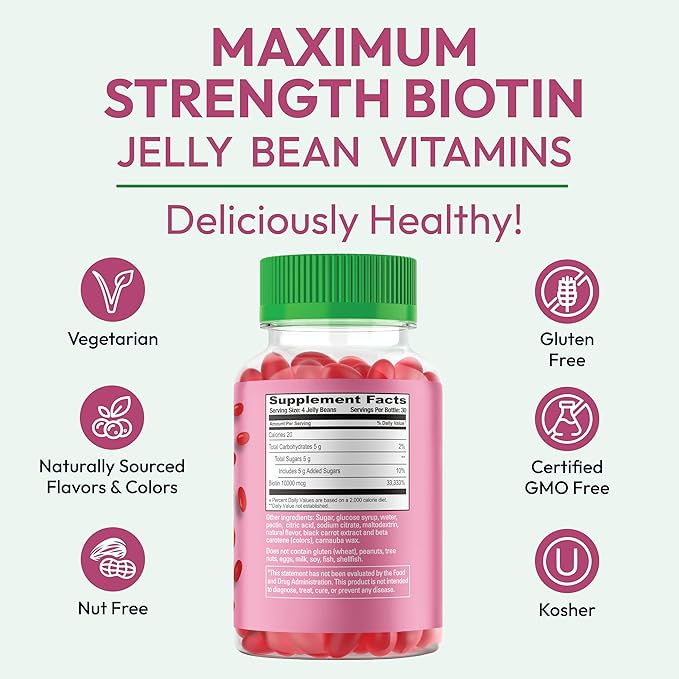 Human Beanz Biotin Jelly Bean Gummy Vitamins, Max Strength Biotin for Hair, Skin and Nails, 10,000mcg per Serving, Hair Growth Vitamins for Men and Women, 120 Strawberry Blast Jelly Beans, Kosher