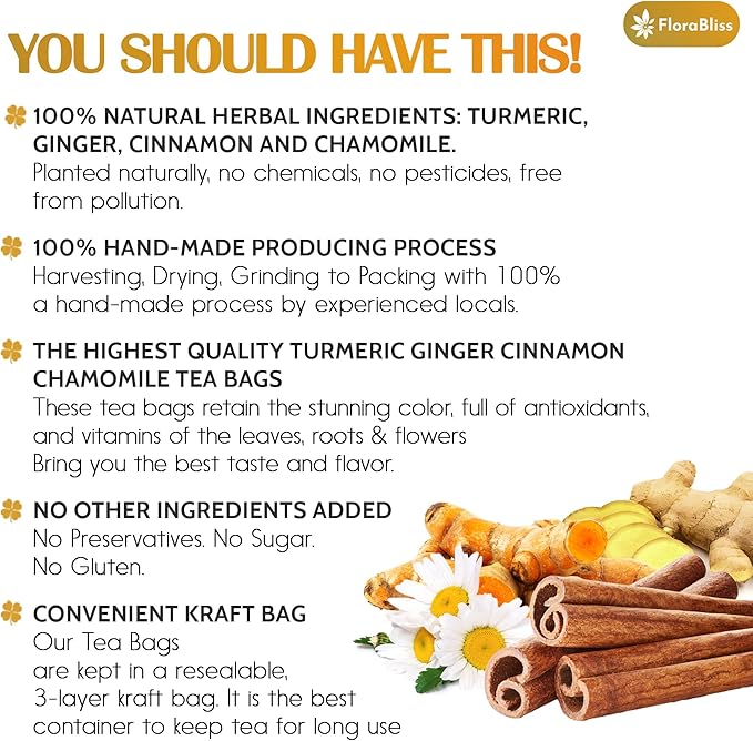 FloraBliss 50 Bags Premium Turmeric, Ginger, and Cinnamon Tea with Chamomile, Extra Strength 2.2g/Bag, 100% Natural, Caffeine-Free, Vegan, Eco-Friendly, Supports Digestion, Relaxation