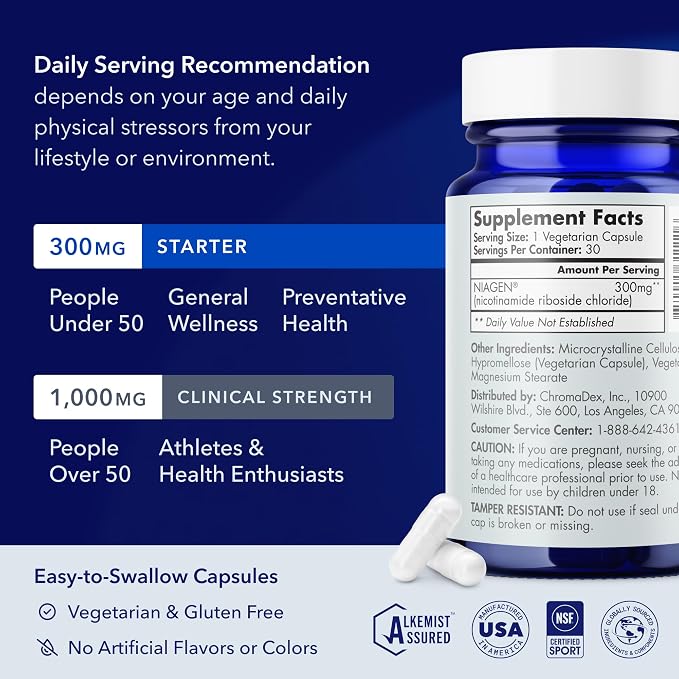 TRU NIAGEN Patented NAD Supplement for Brain Function, Anti Aging & Cell Regeneration, 300mg Niagen, 30 Servings | Supports Cellular Energy, Muscle | Nicotinamide Riboside (NR) Take 1 Daily | 1 Bottle