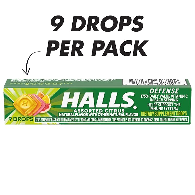HALLS Defense Assorted Citrus Vitamin C Drops, 20 Sticks of 9 Drops (180 Total Drops)
