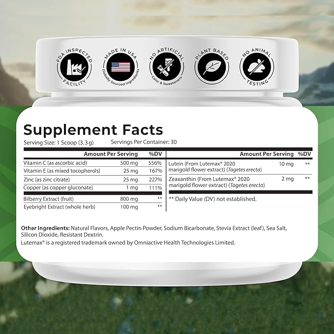 SightMax Eye Health Supplements - Eye Vitamins - with Bilberry, Eyebright, Lutein, Zeaxanthin & More Vitamins - Vegan, Non GMO, Gluten Free - 3.5 Oz - 30 Servings - Berry Rush Flavor