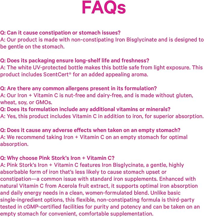 Pink Stork Iron for Women, 18 mg Non-Constipating Iron Bisglycinate + Vitamin C for Optimal Absorption, Energy, Focus & Oxygen Support, PMS, Pregnancy, Postpartum & Perimenopause, 60 Capsules