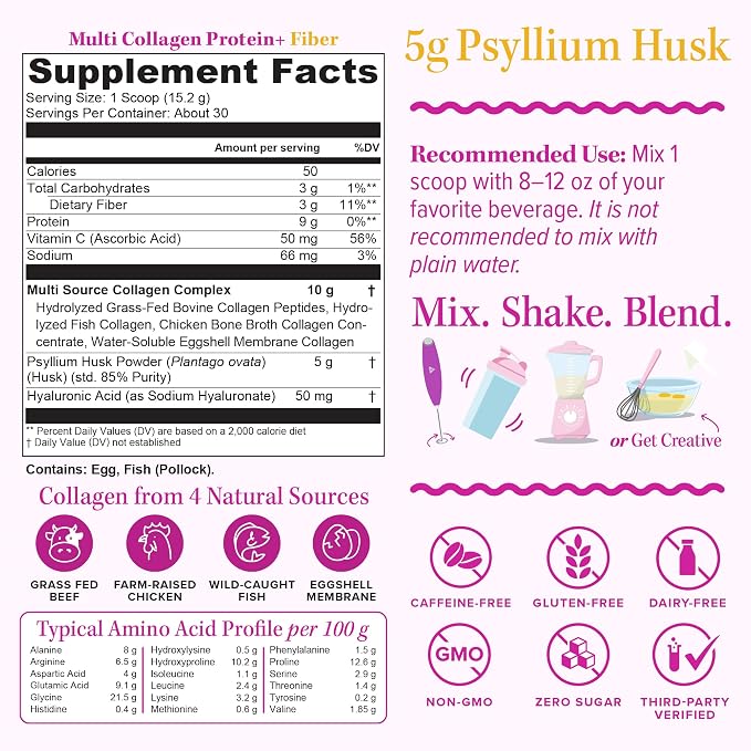 Vitauthority Multi Collagen Protein Powder + Fiber Supplement Collagen Types I, II, III, V & X | Hair, Skin, Nail, & Digestive Support | Vitamin C & Hyaluronic Acid, Unflavored 30 Servings