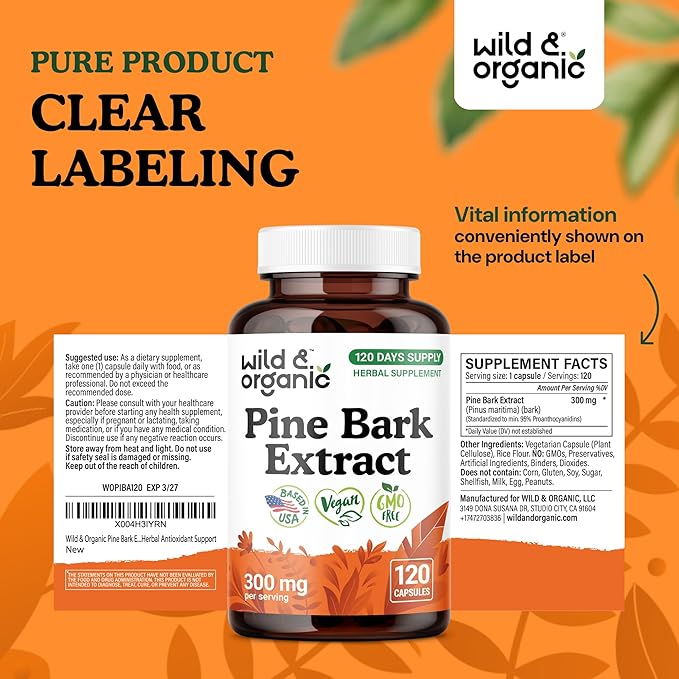 Wild & Organic Pine Bark Extract Capsules 300 mg - Antioxidant Supplement - 95% Proanthocyanidins - 120 Capsules - French Maritime Pine Bark Extract - 4-Month Supply - Pinus Maritima - Vegan, Non-GMO