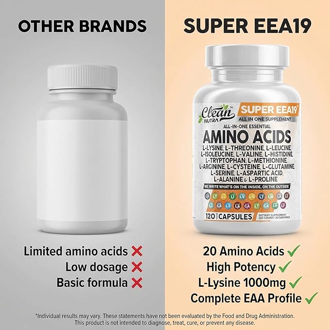 Clean Nutraceuticals Amino Acids Supplement L-Lysine, L-Threonine, L-Leucine, Isoleucine, Valine, L-Histidine, L-Tryptophan, L-Methionine, L-Arginine, L-Cysteine, L-Glutamine, L-Serine, Aspartic Acid