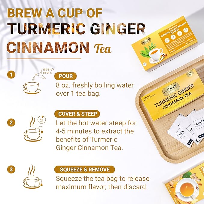 LeafLea Turmeric Tea with Ginger and Cinnamon, 80 Premium Turmeric Ginger Tea Bags, 100% Natural Ingredients Herbal Tea, Vegan, No Sugar, Caffeine-Free, Each Tea Bag Sealed for Fresh Flavor