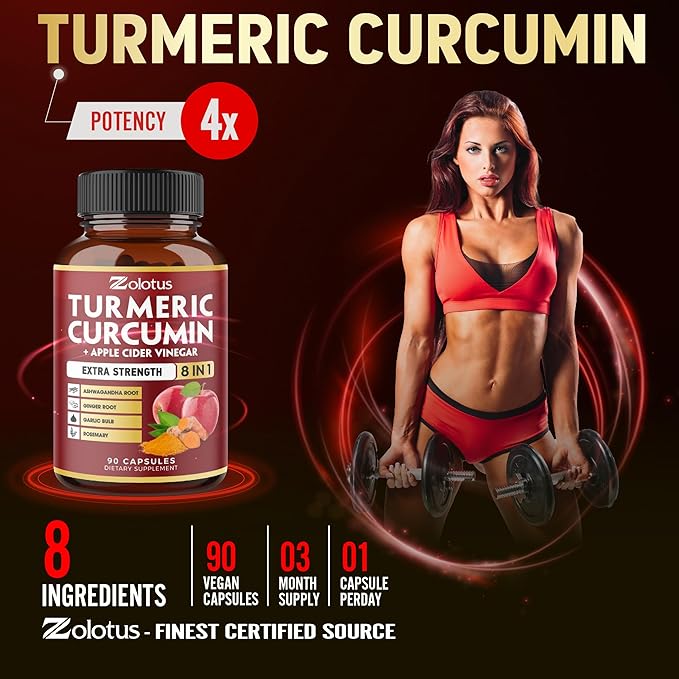 8 in 1 Turmeric Curcumin + Apple Cider Vinegar Capsules, 3 Month Supply with Ashwagandha, Ginger, Garlic Bulb, 95% Standardized Curcuminoids, Joint & Absorption Support