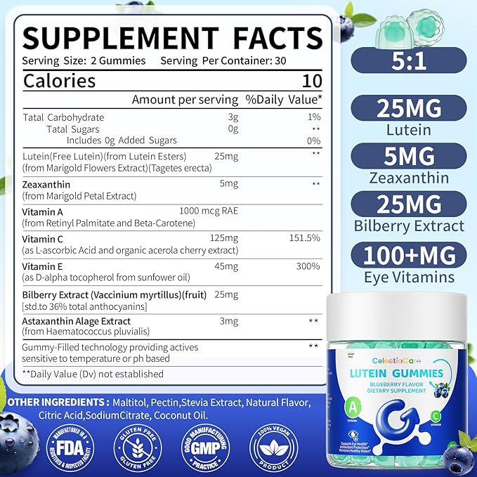 Lutein and zeaxanthin Eye Vitamins Gummies, Bilberry, Astaxanthin, Eye Vitamins for Kids and Adult Vision&Blue Light Support, Overall Eye&Macular Health-60 Count