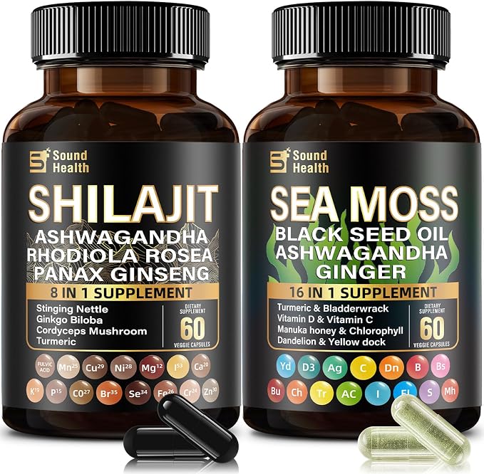 Irish Sea Moss & Shilajit Bundle for Natural Energy, Sleep Support & Hair Growth, Made with Black Seed Oil, Ashwagandha, Ginger, Rhodiola Rosea, Vitamins C & D, for Man & Women, All-in-1 Supplement